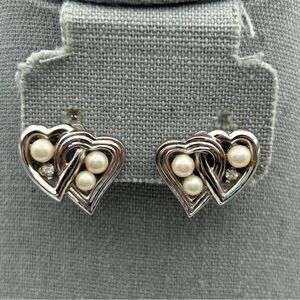 Vintage Trifari Silver Tone Faux Pearl Heart Clip On Earrings Rhinestones